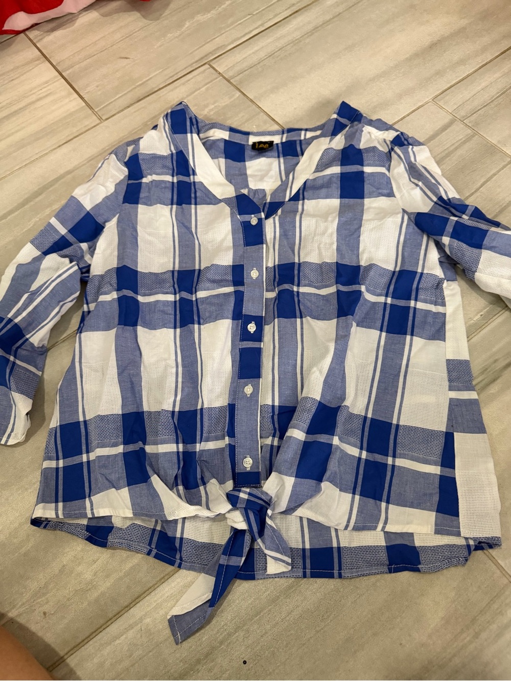 NWOT Lee Blue and White Plaid Tie-Front Blouse size small